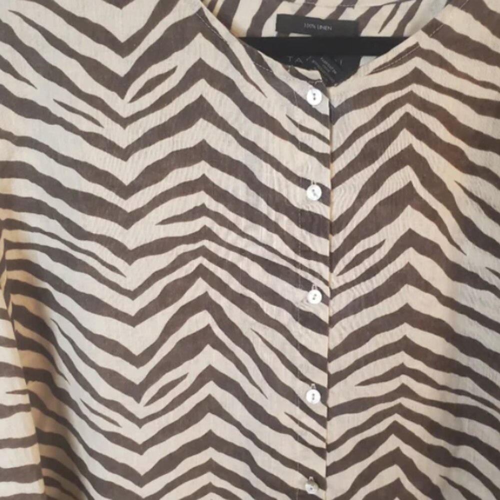 TAHARI Zebra Brown Size 3X 100% Linen Animal print button front tunic blouse - Picture 3 of 4